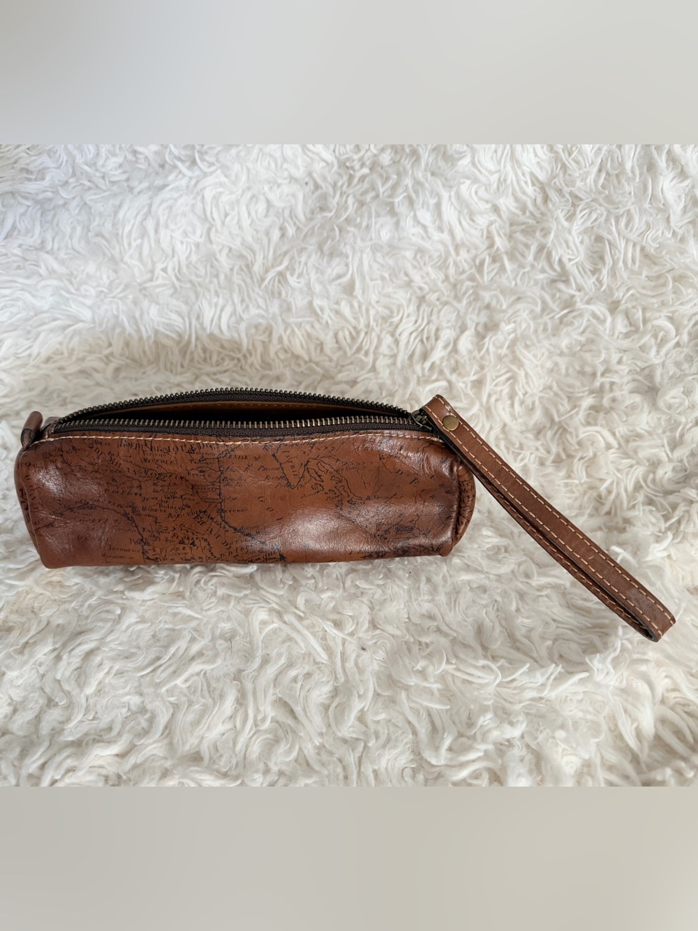 Patricia Nash Brown Leather Wristlet Clutch with Map Print